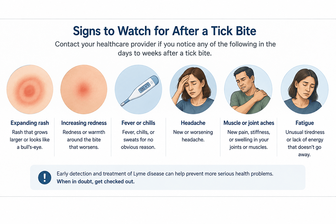 Signs to watch for after a tick bite, including rash, fever, headache, joint aches and fatigue