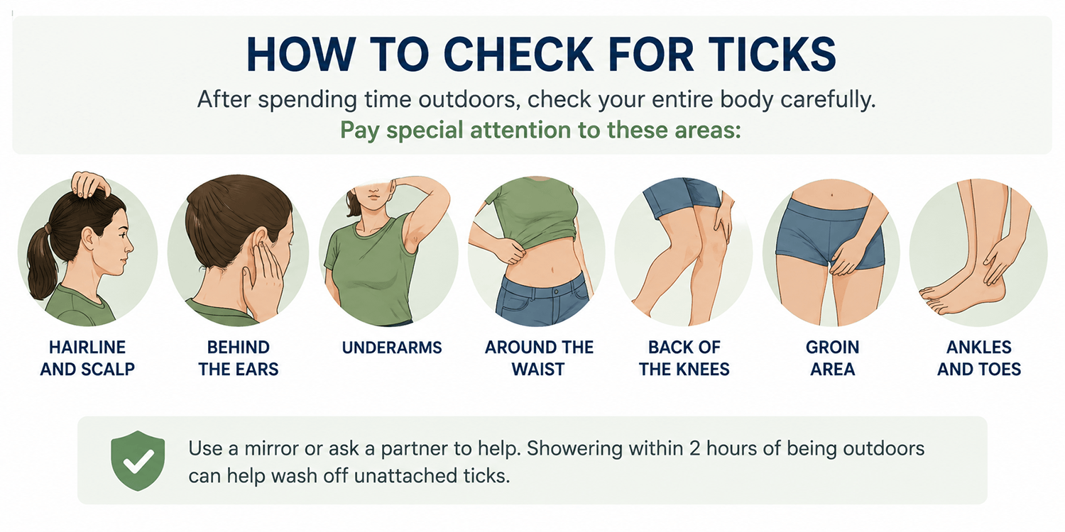 How to check for ticks on the body, including the scalp, ears, underarms, waist, knees, groin, ankles and toes