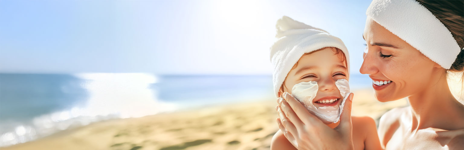 woman applying sunscreen on beach with child